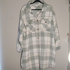 Common Stitch Plaid Shacket Oversized Button Down Shirt Women 2X Green White Tan
